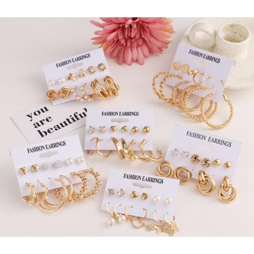 KISS WIFE Vintage Golden Big Hoop Earrings For Women Crystal Pearl Stud Earrings Set Hanging Earrings 2021 Trend Jewelry Gift