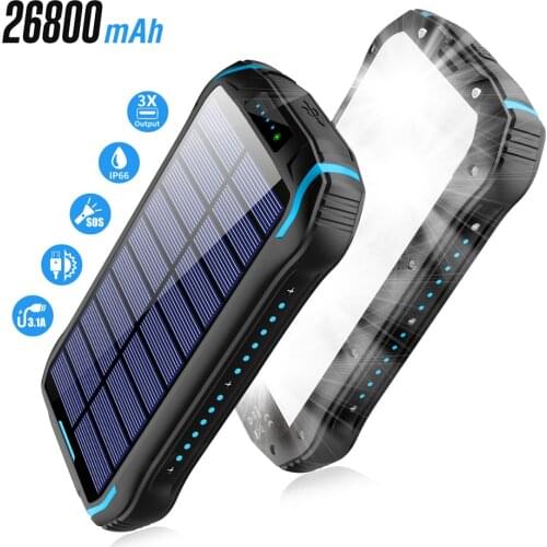26800mAh Solar Power Bank Waterproof Powerbank with Camping Flashlight Portable Charger Poverbank For iPhone 11 Samsung Xiaomi