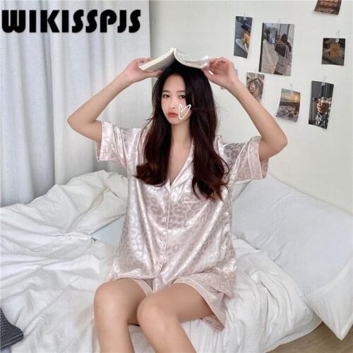 WIKISSPJS Pink Leopard Pattern Ice Silk Pajamas for Women Loungewear Pajama Set Bedroom Set Two Piece Set Summer