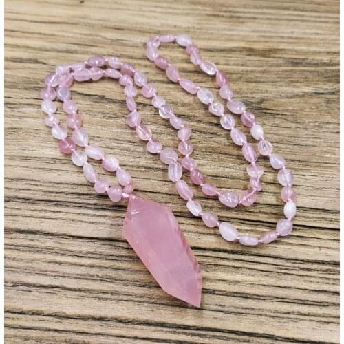 YA4111 Natural Rose Quartzs Point Pendant Rose Quartzs Chip Beads Knot Handmade Necklace