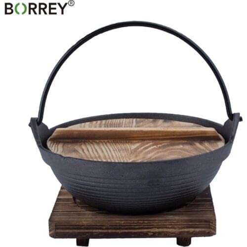 BORREY Japanese Sukiyaki Stew Pot Cast Iron Saucepan Outdoor Camping Hanging Stove Pot Wood Cover Soup Pot Restaurant Hotel Pot