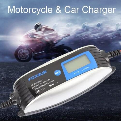FOXSUR 6V 12V Battery Charger with LCD Display, Motorcycle & Car Battery Charger, 12V AGM GEL WET Lead Acid Battery Charger