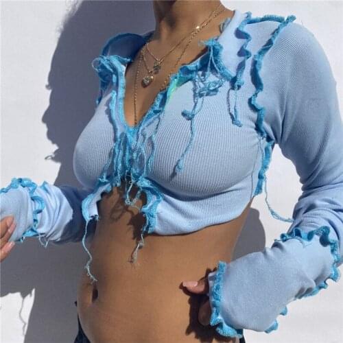 Ruffles Tees Top Sexy Knit Bodycon Shirt Long Sleeve Ruched Tops Cropped Women Clothes 2021 Harajuku Streetwear Tee Shirts Top