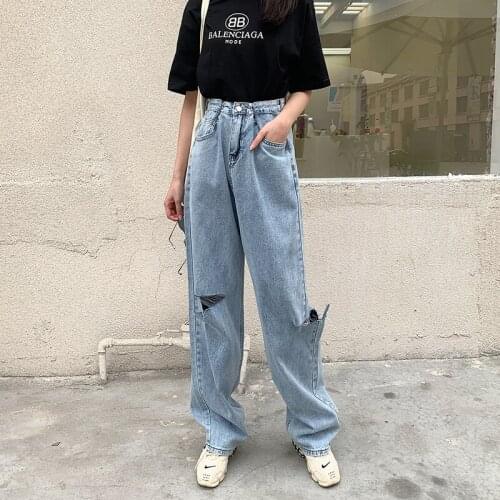 Women Wide Leg Casual 2021 Street Style Ripped Denim Ladie long Pants Jeans Vintage Retro able Quality Fashion Hole trousers
