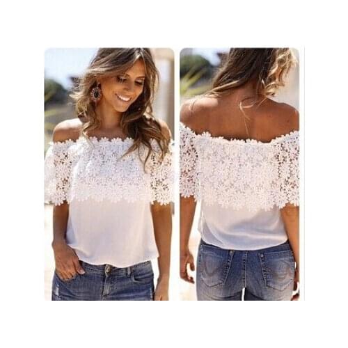 50pcs/lot Vintage Lace Short Sleeve chiffon Summer Woman Boat Neck Hollow Out slash neck White Top