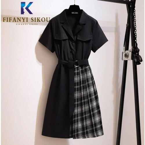 2020 Summer Women Plus Size Dress Notched collar Fashion Patchwork Plaid Mid Long Dress Lady Loose Oversized Short Sleeve Dress