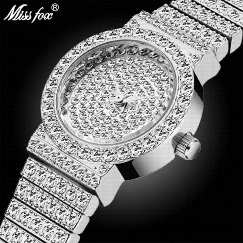 MISSFOX Small Ladies Fashion Wrist Watch Silver Luxury Brand 7mm Ultra Thin Full Diamond Bracelet Xfcs Womens Quartz Wristwatch