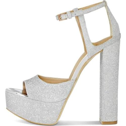 Dipsloot Bling Bling Sliver Chunky Heels Platform Sandals Woman Buckle Strappy Thick Heel Peep Toe Wedding Shoes Lady