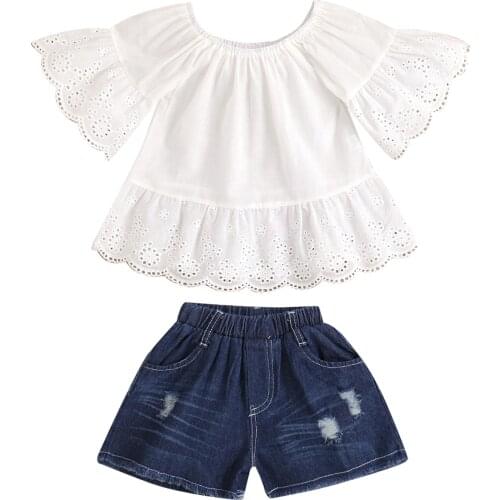 Girl’s Ruffles Sleeve and Shorts Set Fashion Solid Round Neck T-shirt and Ripped Denim Short Pants