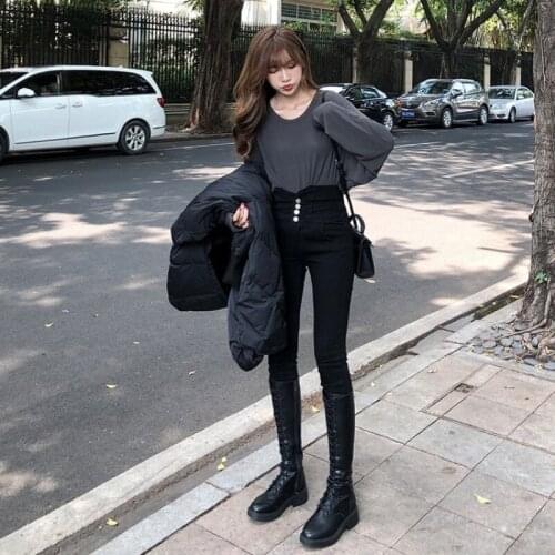 High Waist Jeans Women Skinny Elastic Push Up Pencil Pants Fashion Single Breasted Black Denim Breeches Female Casual Trousers