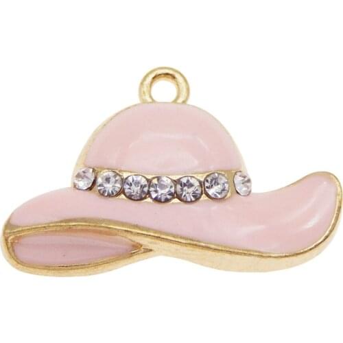GraceAngie 4pcs Alloy Enamel Hat Charm With Rhinestone Fashion Pink White Color Pendant For Women Bracelet DIY Making Findings