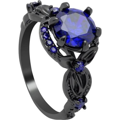 Hainon Fashion Flower Blue Ring Red Garnet Women Charming Wedding Engagement Jewelry Black Gold Color Promise Rings