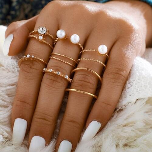 8 pcs/lot White Pearl Open Ring Geometric Joint Finger Rings Sets for Women Crystal Knuckle Rings Ear Cuff Jewelry Accessories