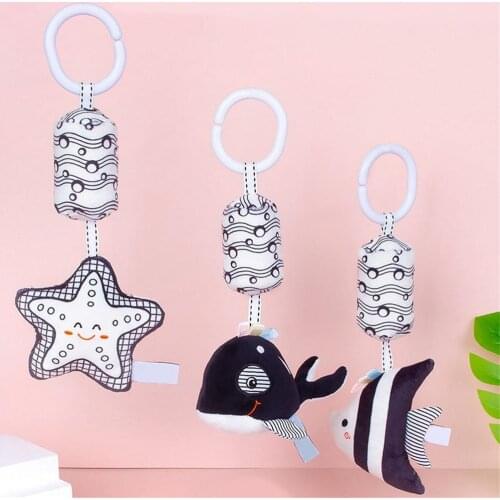 Newborn Bells Soft Plush Rattle Toy Crib Hanging Bell Car Seat Travel Stroller Black And White Hanging Wind Chime Ocean Fish