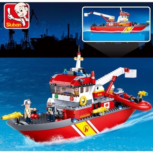 DIY sLuban 0630 Building Blocks Fire Fighting Hero Series Pioneer Fire Boat Rescue Boat Children Assembling Toys