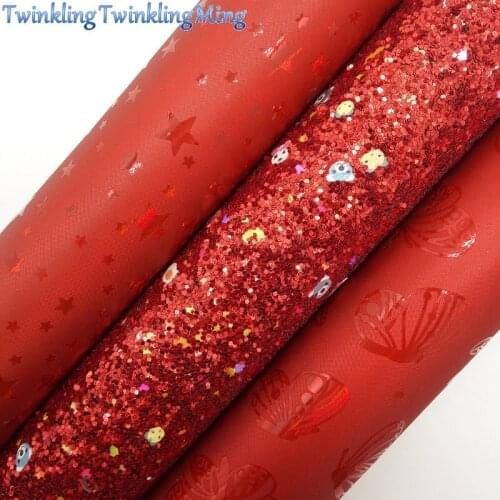 RED Glitter Fabric, Iridescent Faux Fabric, Butterfly Stars Smooth Leather Fabric Sheets For Bow A4 21x29CM Twinkling Ming XM966