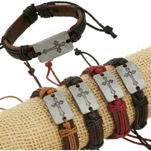 Fashion Vintage Cross Genuine Leather Bracelet Wrap Adjustable Rope Alloy Charm Bangle Handmade Wristbands Casual Retro Jewelry