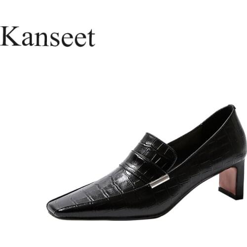 Kanseet 2021 New Women Pumps Spring Autumn Black White Genuine Leather Mature Handmade Square Toe Shallow 5cm Mid Heels Shoes