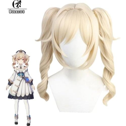 ROLECOS Game Genshin Impact Cosplay Wig Barbara Cosplay Wig Women Blonde 38cm Headwear Halloween Heat Resistant Synthetic Hair