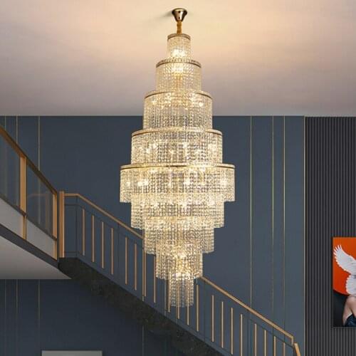 Luxury Large Crystal Chandelier for Living Room Modern Gold Stair Hanging Light Cristal Design Led Villa Home Decor Lustre Lamp
