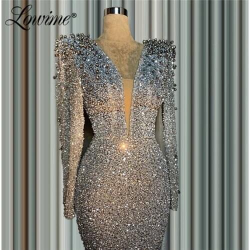 Silver Glitter Dubai Arabic Party Dress V Neck Mermaid Evening Gowns Formal Women Dress 2020 Aibye Turkish Islamic Prom Dresses