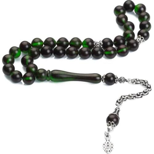 Silver Wavy Green Amber Gemstone Prayer Rosary Men Sphere Cut Rosary With Silver Tassel Arabic Tasbih With Otttoman Model Tassel