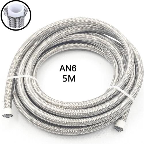 16FT 5Meters AN6 -6AN Fuel Hose Oil Gas Line PTFE Stainless Steel Double Braided Cooler Line Pipe Tube Silver