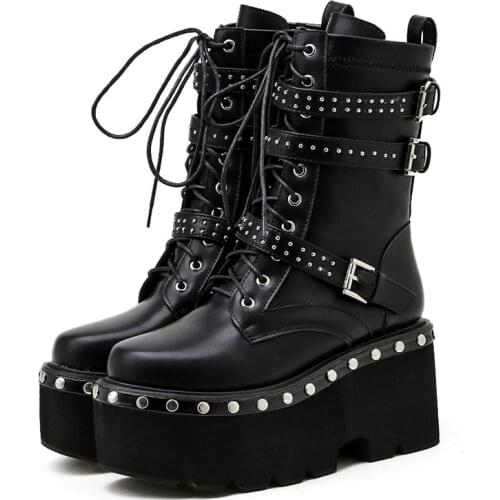Mr Co 2021 Spring Lace-Up Motorcycle Boots For Women Round Toe Thick Platform High Heels Female Ankle Boots Gothic Style Shoes