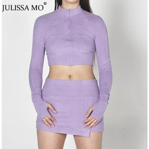 Julissa Mo Zipper Up Cropped Tops Skirts 2 Piece Sets Autumn Rib Knitted Women Casual Outfits Long Sleeve Slim Dress Streetwear