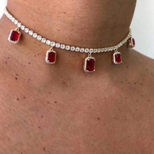 YWZIXLN Boho Charm Bling Crystal Choker Red Crystal Cube Pendant Fashion Necklaces Bijoux For Women Elegant Choker Jewelry N0100