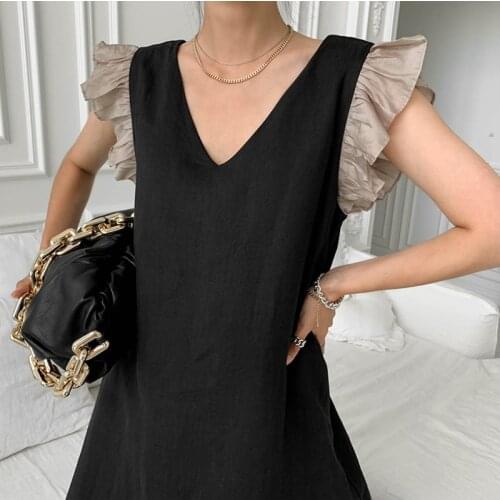Women Dress 2021 Summer Korean Chic Niche Light Familiar Style V-Neck Contrast Stitching Flying Sleeve Pleated Vestidos