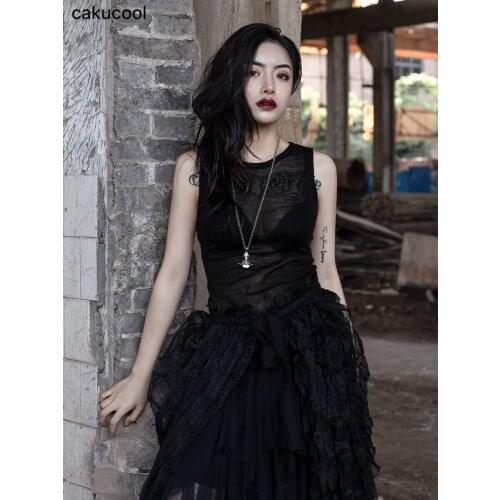 Cakucool 2019 dark black semi-woven knit stitching sexy slim black sleeveless female dress