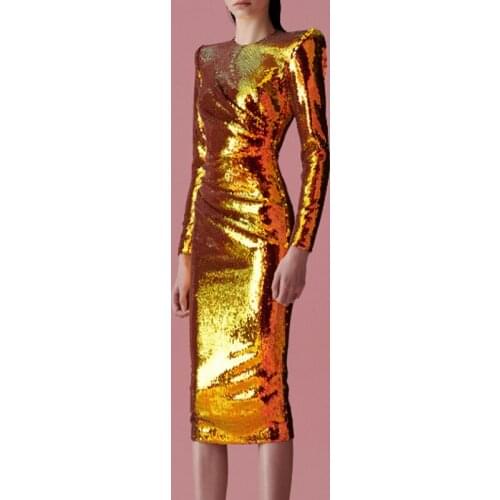 Luxury Sequined Evening Party Dress Women Summer O Neck Elegant Golden Long Sleeve Sexy Bodycon Work Office Midi Dresses 2021