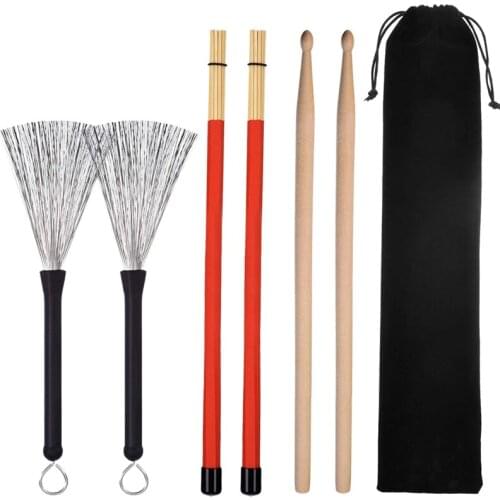 1 Pair 5A Drum Sticks Classic Maple Wood Drumsticks Set 1 Pair Drum Wire Brushes Retractable Drum Stick Brush and 1 Pair Rods