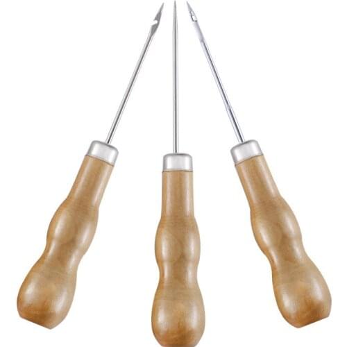 3Pcs Canvas Shoes Repair Threader Stitch Needle Wooden Handle Punch Awl Hole Maker Cone Leather Craft Sewing Supplies