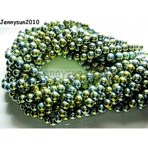 6mm Metallic Green Natural Hematite Gems stone Round Ball Beads Metallic Color 16'' for Jewelry Making Crafts 10 Strands/Pack