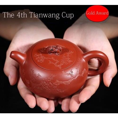 Yixing genuine purple clay pot，Handmade Zhuni Dahongpao Xishi Auspicious Pot Chinese Kung Fu Tea Set Gold Award Pot 230cc