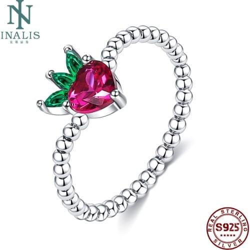 INALIS Fruits Shape Ring For Women 925 Sterling Silver Lovely Little Strawberry Zircon Ring Beads Style Wedding Fingers Jewelry