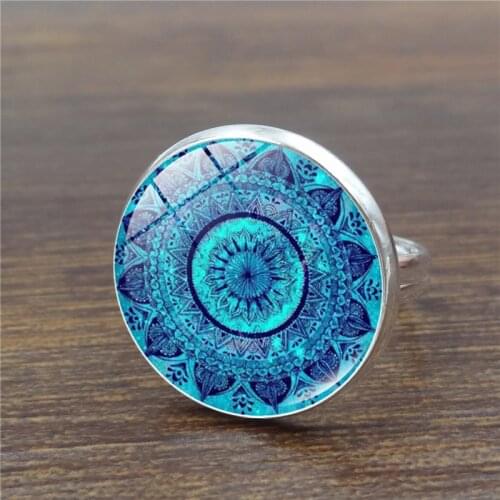 Hot Selling Buddhism Chakra Henna Glass Dome Cabochon Ring Om Yoga Mandala Rings for Women Indian Fashion Jewelry