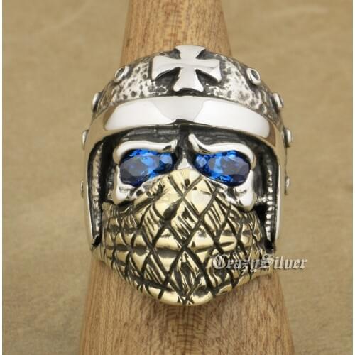 LINSION 925 Sterling Silver Motorcycle Helmet Skull Ring CZ Stone Eyes Brass Mens Biker Rock Punk TA24