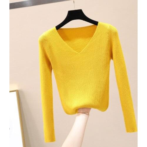 QRWR 2020 New Autumn Winter Women Sweater Fashion Elegant Sexy V Neck knitted Pullovers Casual Slif Fit Basic Sweater Womens