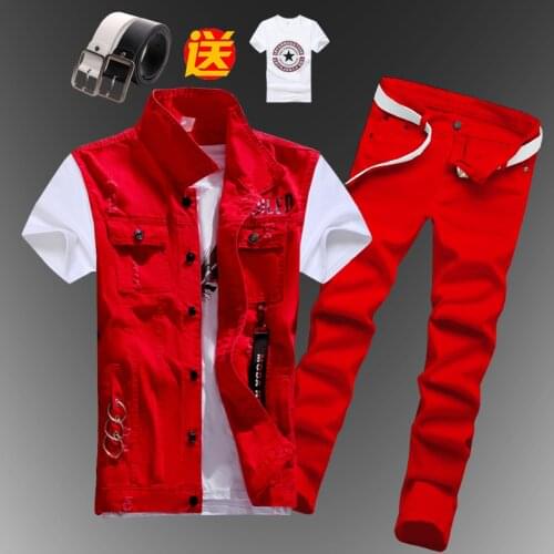 New Mens Boys Casual Denim Vest Sleeveless Waistcoat Summer Jeans Pants Trousers Slim Fit 2pcs Set Thin M5