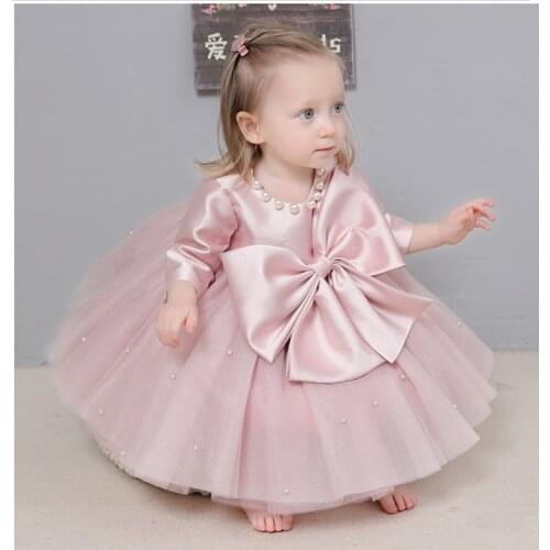 Infant Girl Clothes Pink Tulle Baptism Dress Baby Girls Party Princess Christening 1 Year Birthday Outfits Long Sleeve