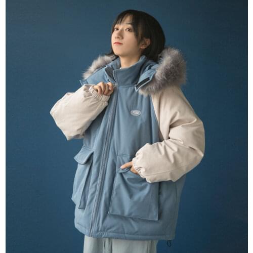 Parkas Thickening Winter High Quality Detachable Hat Korean Loose Large Faux Fur Collar Patchwork Cotton Coat Ulzzang