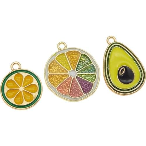 Julie Wang 6PCS Enamel Artificial Fruit Charms Mixed Orange Lemon Avocado Slice Alloy Gold Tone Jewelry Making Accessory