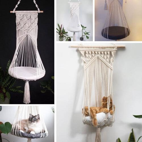 Boho Handwoven Pet Cat Hammock Hanging Cats Bed Macrame Cage Swing Indoor Home Decor Pets Cats Hanging Basket Cat Beds Tapestry