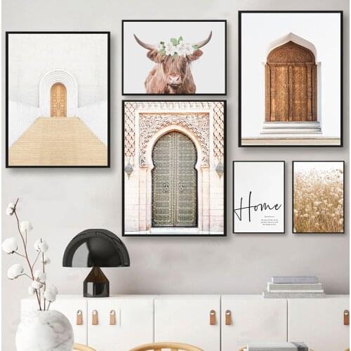 Scandinavian Poster Cow Head Flower Door Landscape Nordic Wall Art Canvas Print Moroccan Painting Home Quote Decoration Pictures