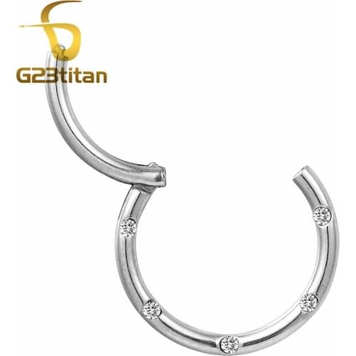 G23titan G23 Titanium Crystal Hinged Segment Nose Hoop Rings Septum Clicker Ear Nose Piercing Body Jewelry Silver Color