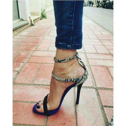 Sestito Designer Shoes Woman Sexy Snakeskin Print 3 Straps Dress Shoes Lady Peep Toe Ankle Strap Sandals Girsl Mixed Color Shoes