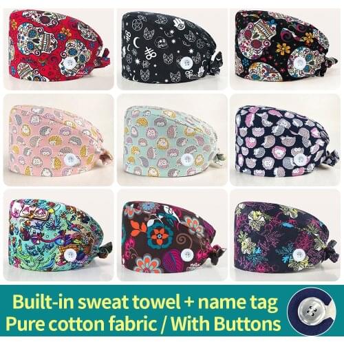 Medical Hats Cartoon Print Frosted Caps Pet Grooming clinic Scrubs Hats Beauty Salon Scrubs Caps Operating room Beautician Hats